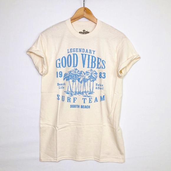 Goodie Too Sleeve tan Good Vibes graphic t shirt - Picture 1 of 9